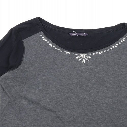 Marks and Spencer Womens Grey Cotton Basic T-Shirt Size 16 Round Neck - Beaded Neckline