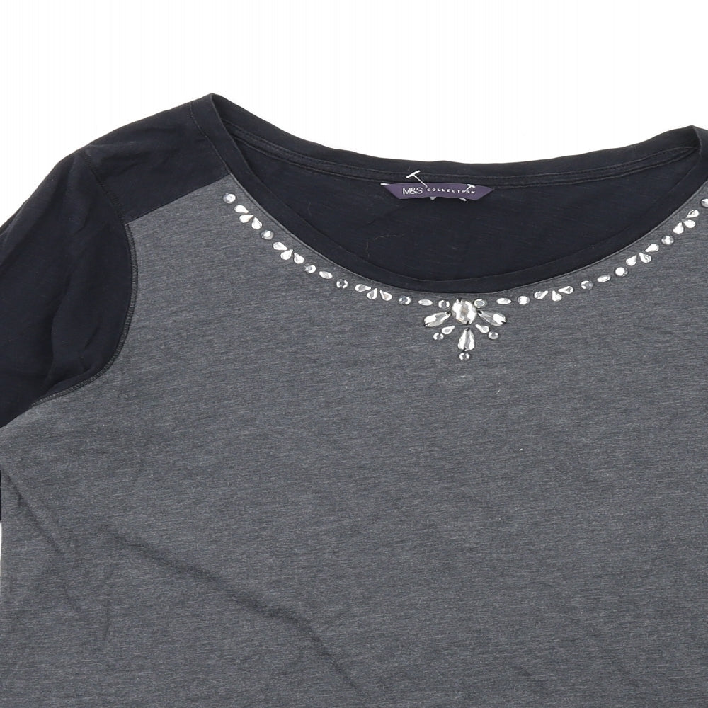 Marks and Spencer Womens Grey Cotton Basic T-Shirt Size 16 Round Neck - Beaded Neckline