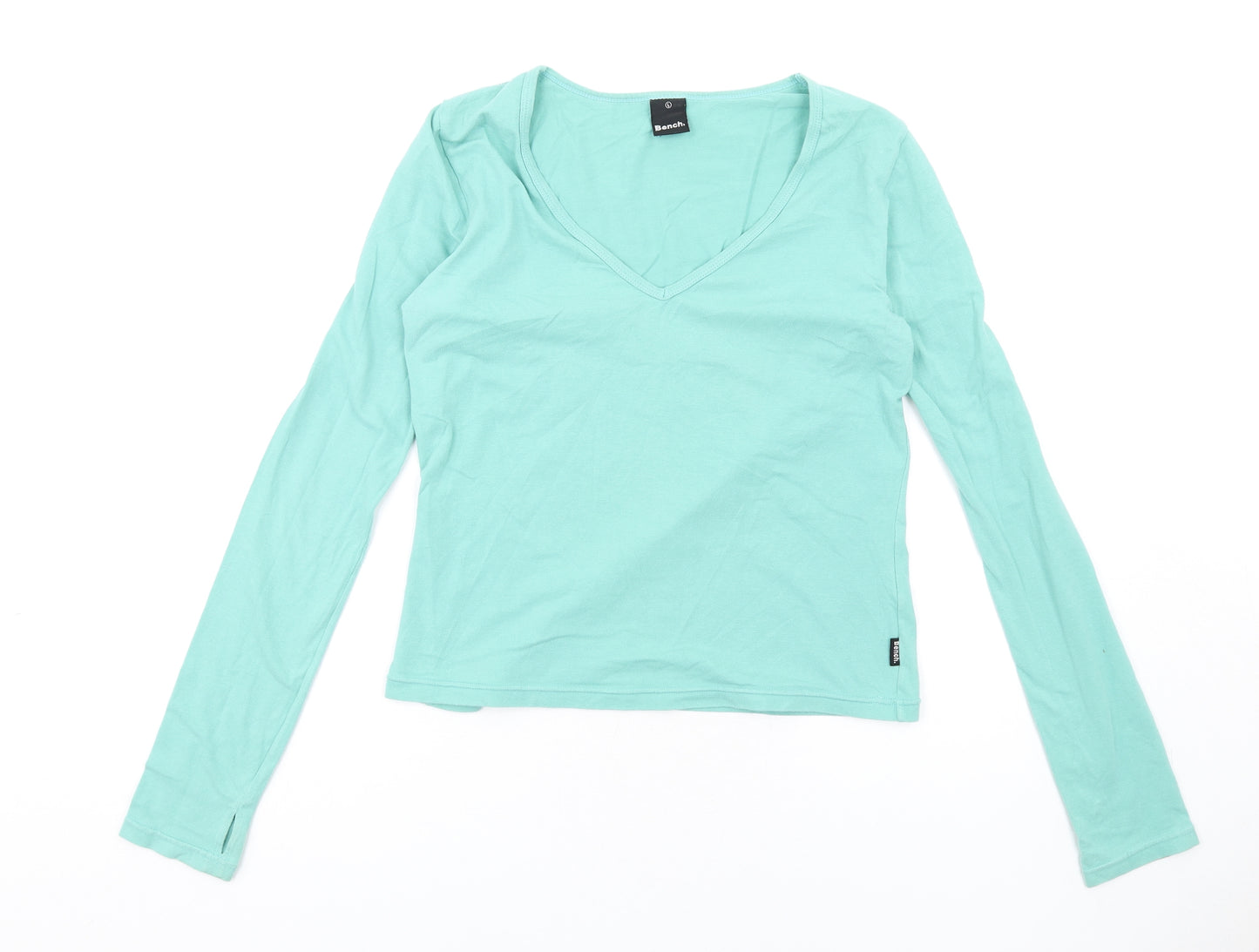 Bench Womens Green Cotton Basic T-Shirt Size L V-Neck