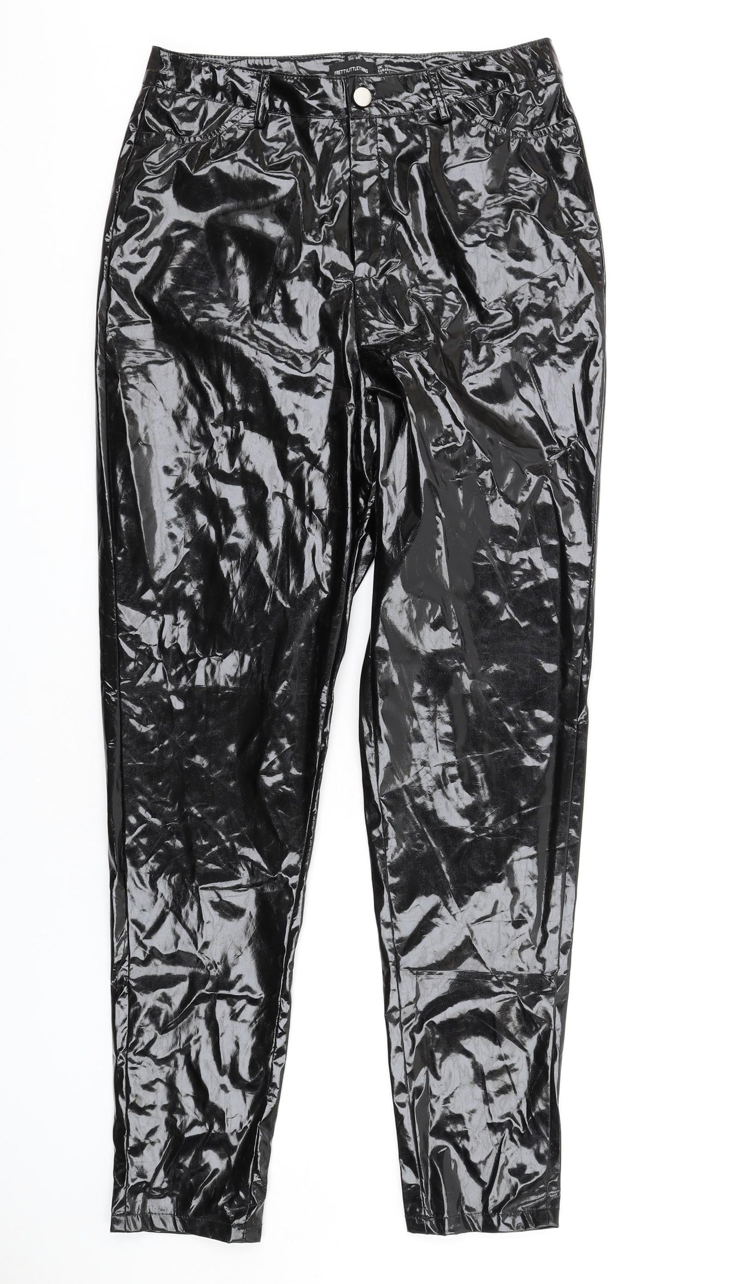 PRETTYLITTLETHING Womens Black Viscose Trousers Size 12 L33 in Regular Zip - Vinyl