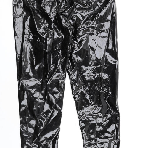 PRETTYLITTLETHING Womens Black Viscose Trousers Size 12 L33 in Regular Zip - Vinyl