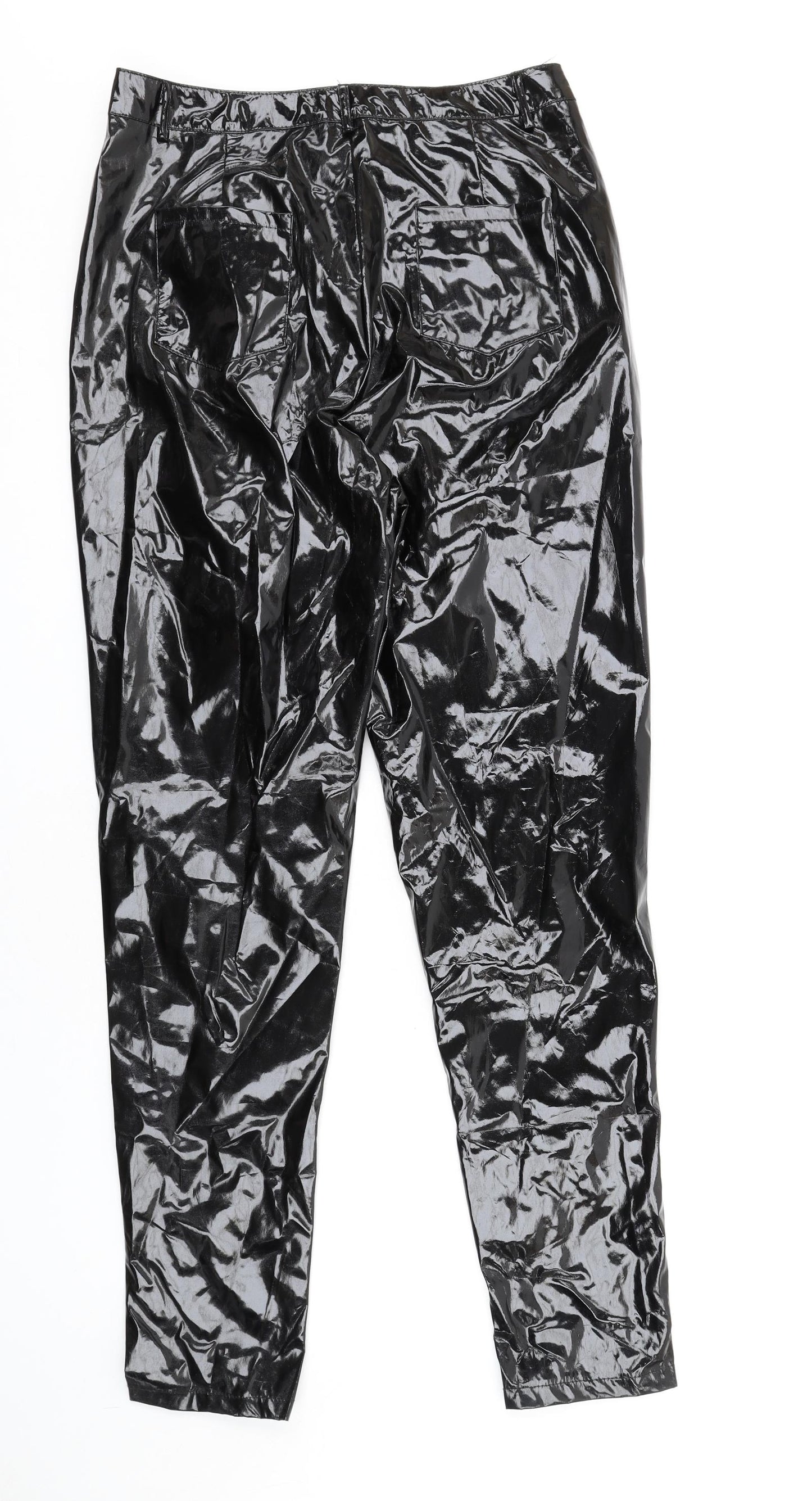 PRETTYLITTLETHING Womens Black Viscose Trousers Size 12 L33 in Regular Zip - Vinyl