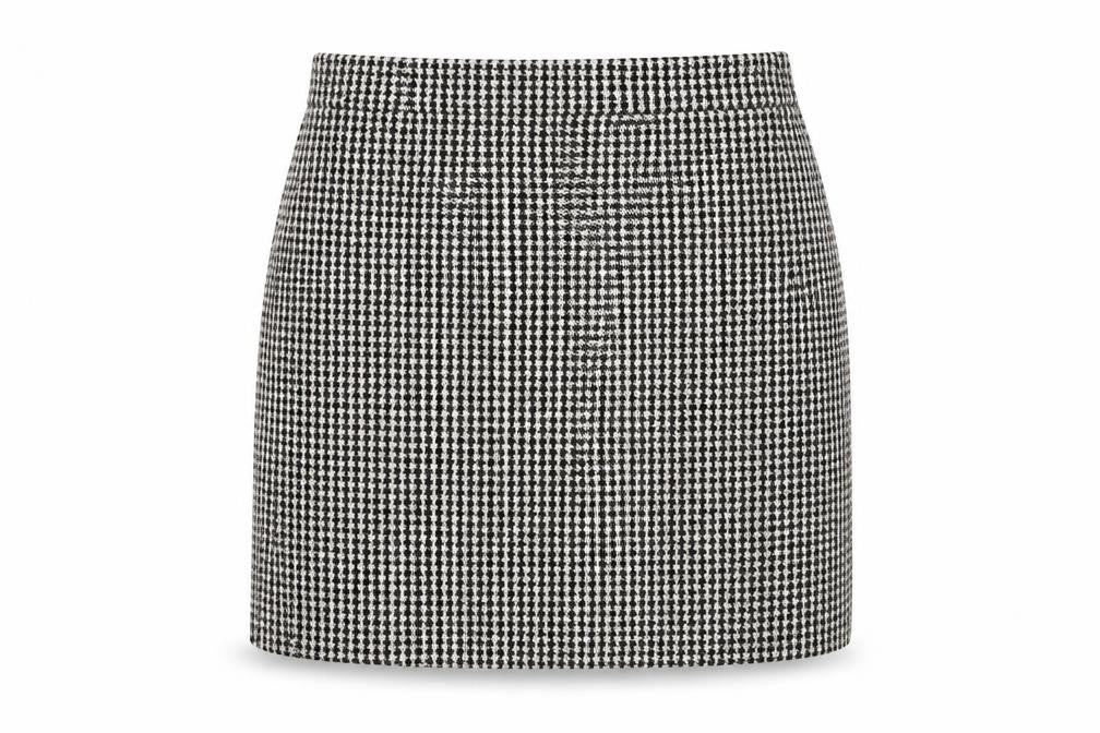 Front view of H&M women’s beige polyester a-line skirt, size UK 6, zip