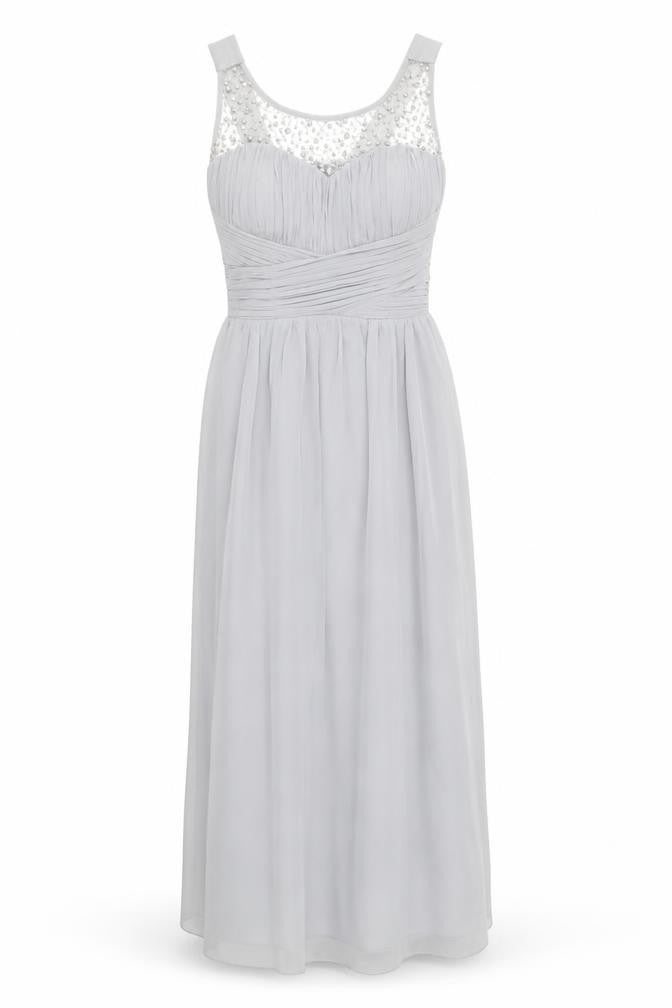 Front view of Little Mistress women’s grey polyester maxi, size UK 12, round neck pullover