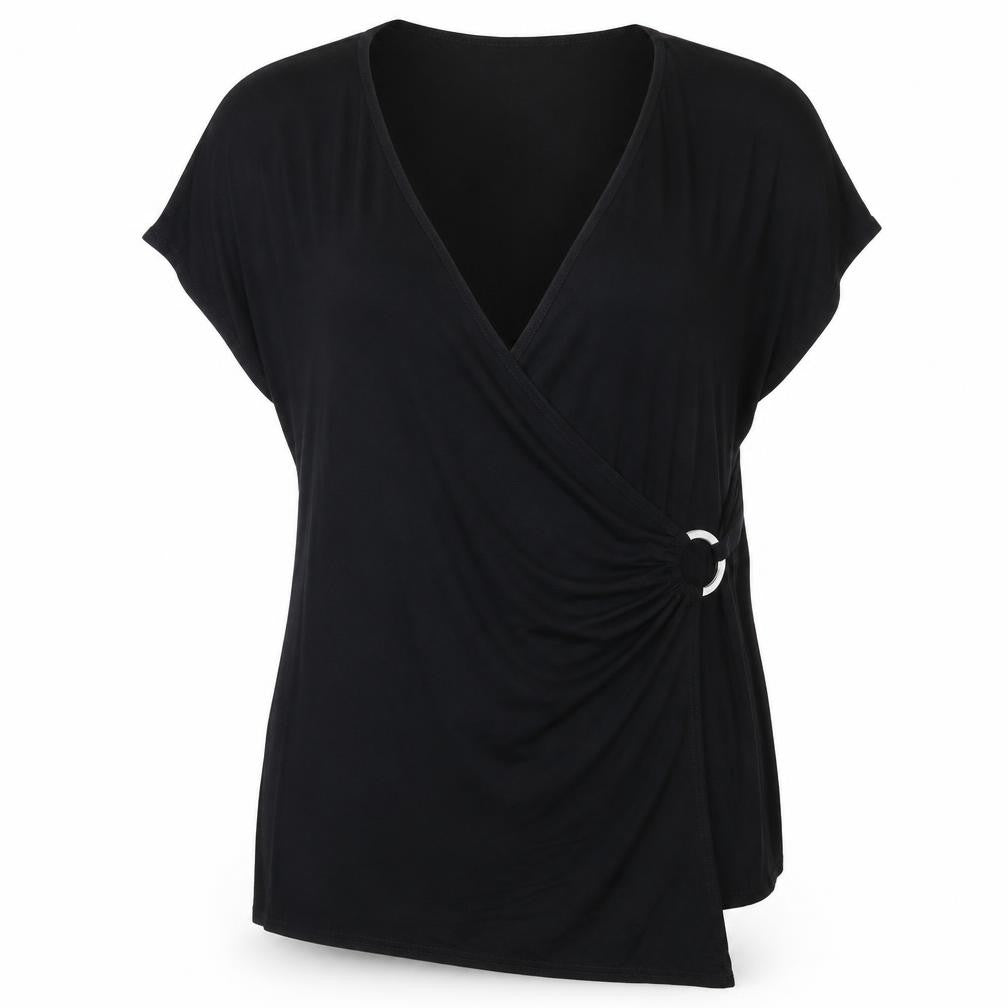Front view of Amelie Gray women’s black viscose basic t-shirt, size XL, v-neck