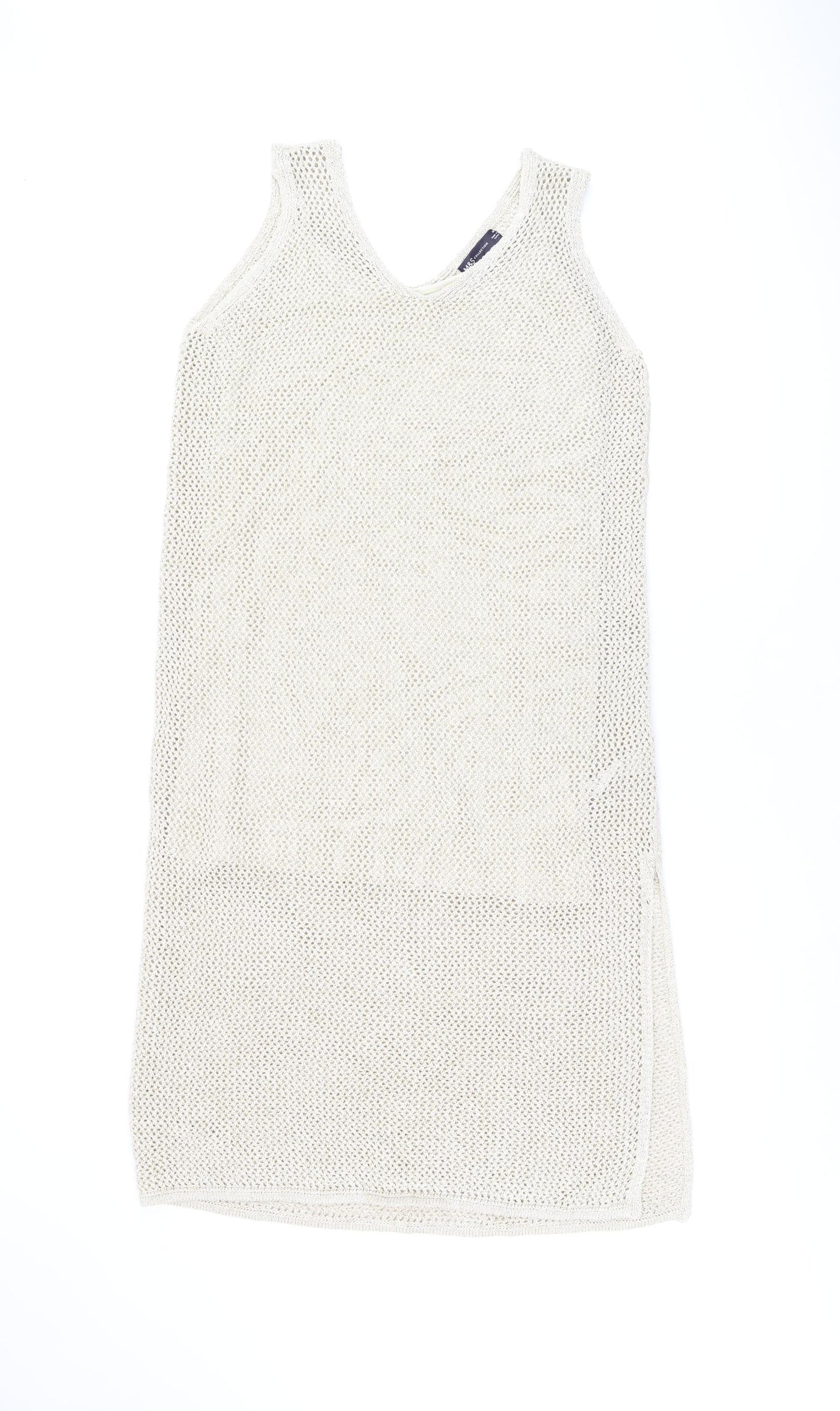Marks and Spencer Womens Beige Cotton Shift Size M V-Neck Pullover - Split Hem