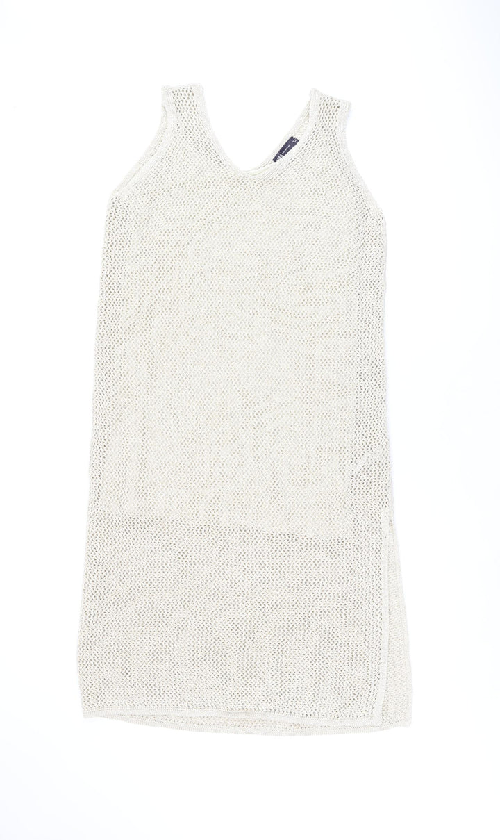 Marks and Spencer Womens Beige Cotton Shift Size M V-Neck Pullover - Split Hem