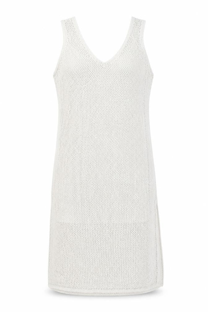 Front view of Marks & Spencer women’s beige cotton shift, size M, v-neck pullover - split hem