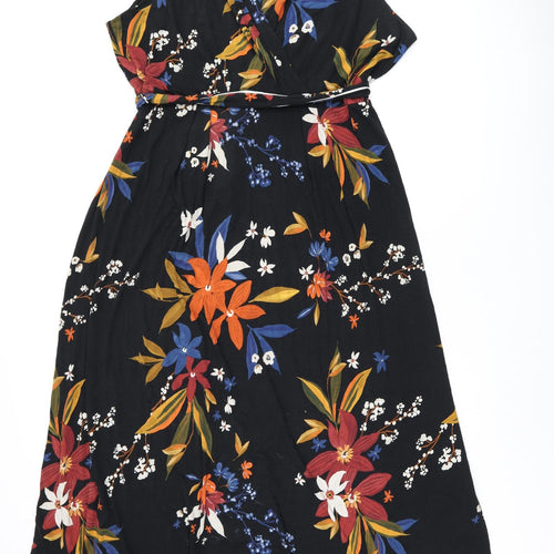 Marks and Spencer Womens Black Floral Viscose A-Line Size 22 V-Neck Pullover - Belted