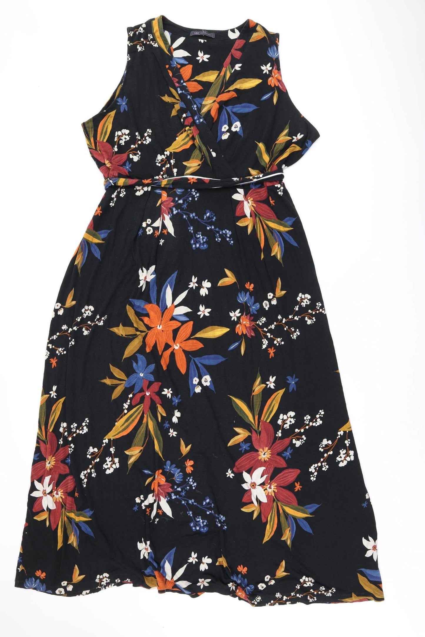 Marks and Spencer Womens Black Floral Viscose A-Line Size 22 V-Neck Pullover - Belted