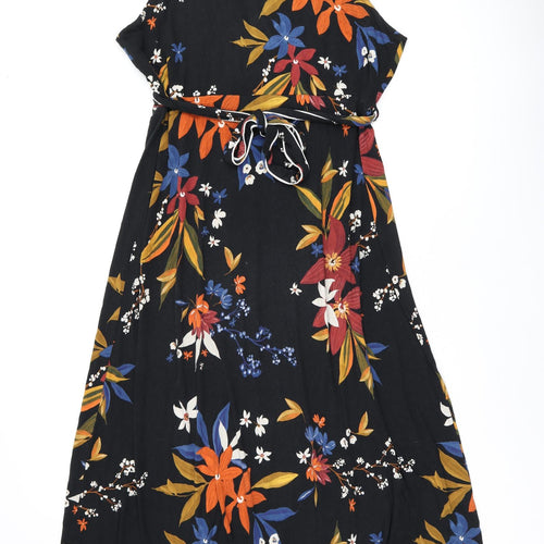 Marks and Spencer Womens Black Floral Viscose A-Line Size 22 V-Neck Pullover - Belted
