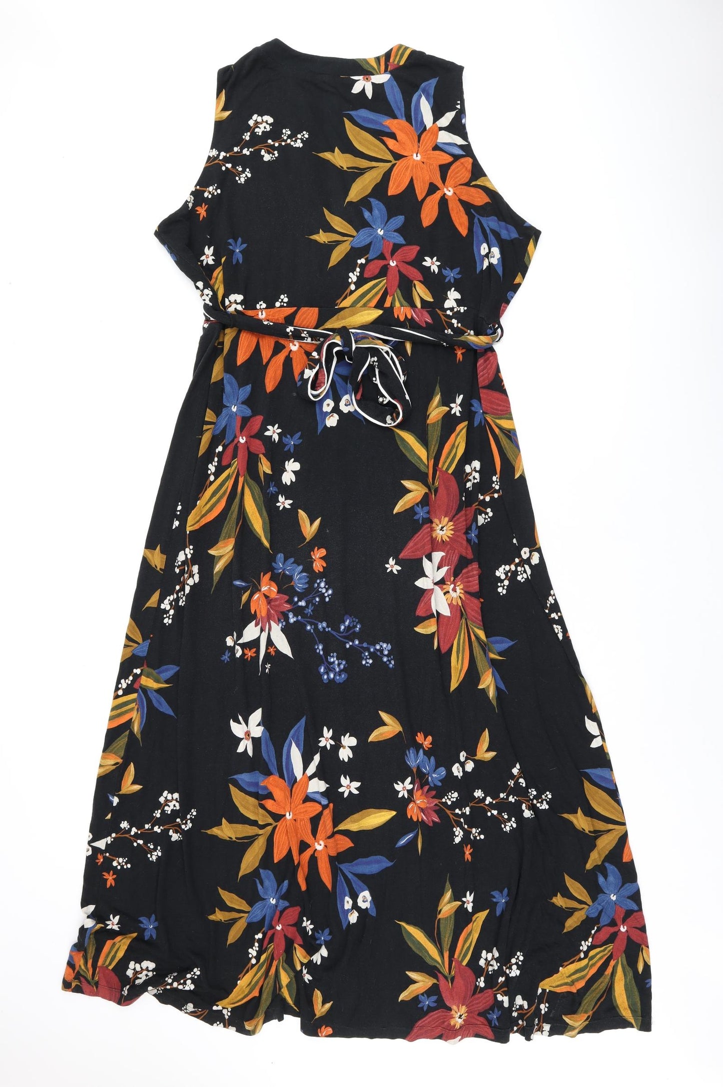 Marks and Spencer Womens Black Floral Viscose A-Line Size 22 V-Neck Pullover - Belted