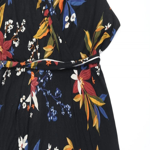 Marks and Spencer Womens Black Floral Viscose A-Line Size 22 V-Neck Pullover - Belted