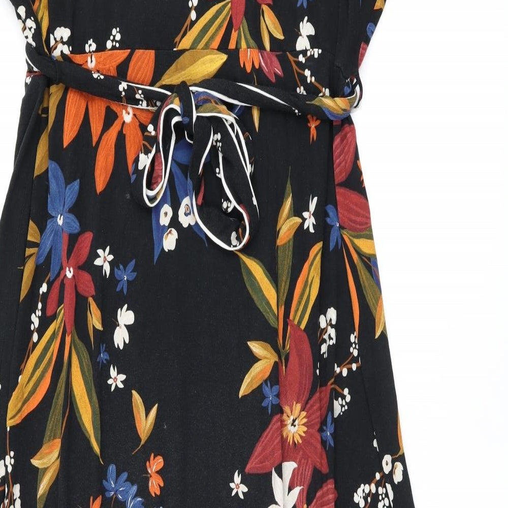 Marks and Spencer Womens Black Floral Viscose A-Line Size 22 V-Neck Pullover - Belted