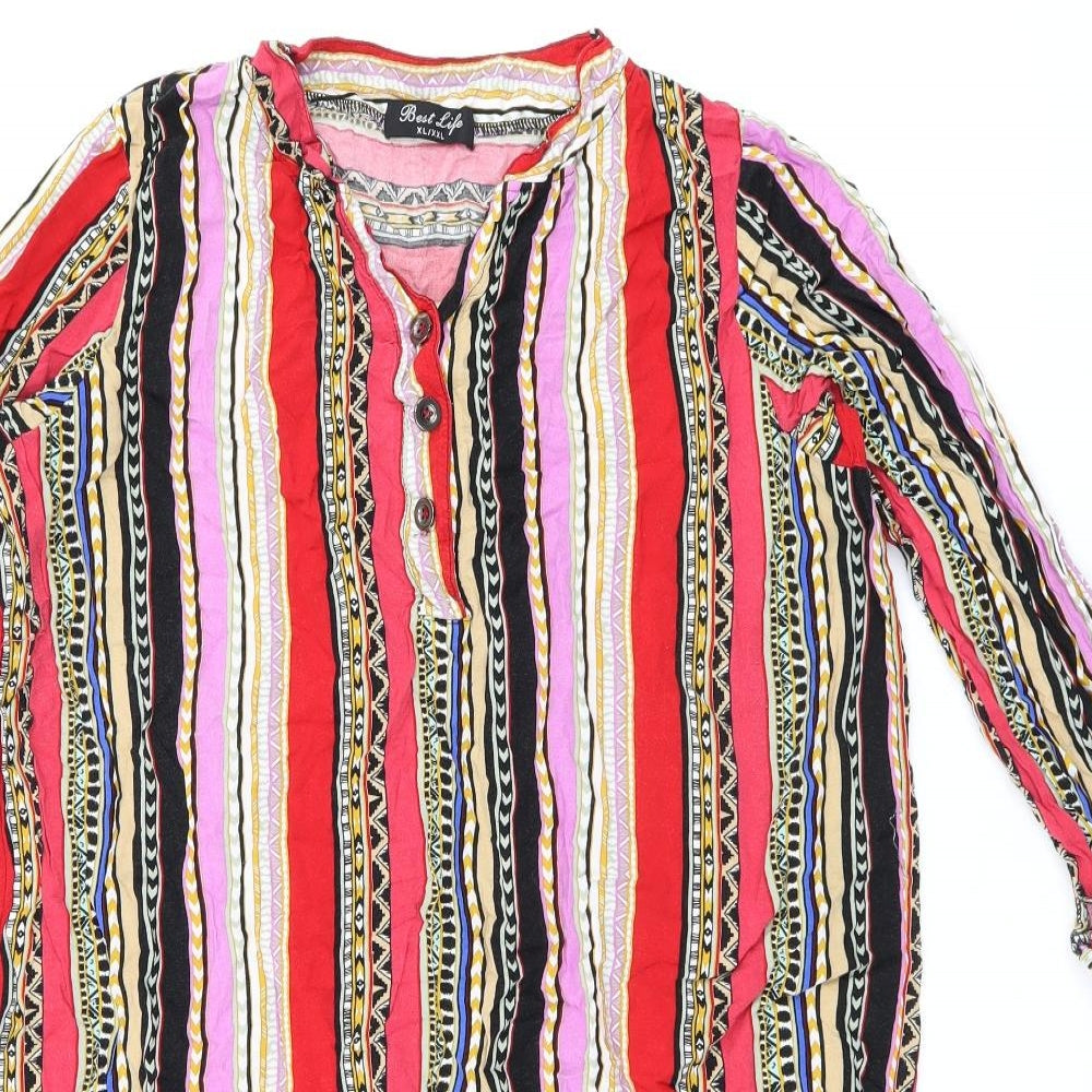 Best Life Womens Multicoloured Geometric Cotton Tunic Blouse Size XL V-Neck