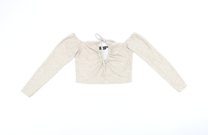 PRETTYLITTLETHING Womens Beige Polyester Cropped Tank Size 12 Off the Shoulder - Keyhole Neck
