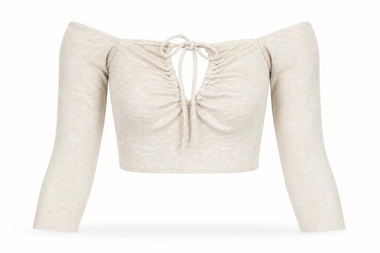 Front view of PRETTYLITTLETHING women’s beige polyester cropped tank, size UK 12, off the shoulder - keyhole neck