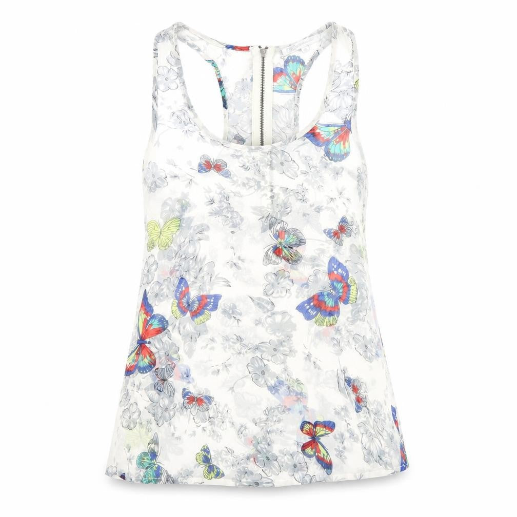 Front view of Glamorous women’s grey floral polyester basic tank, size UK 8, scoop neck - butterfly print