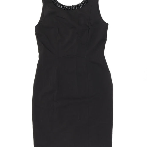 H&M Womens Black Cotton Bodycon Size 14 Round Neck Zip - Studded