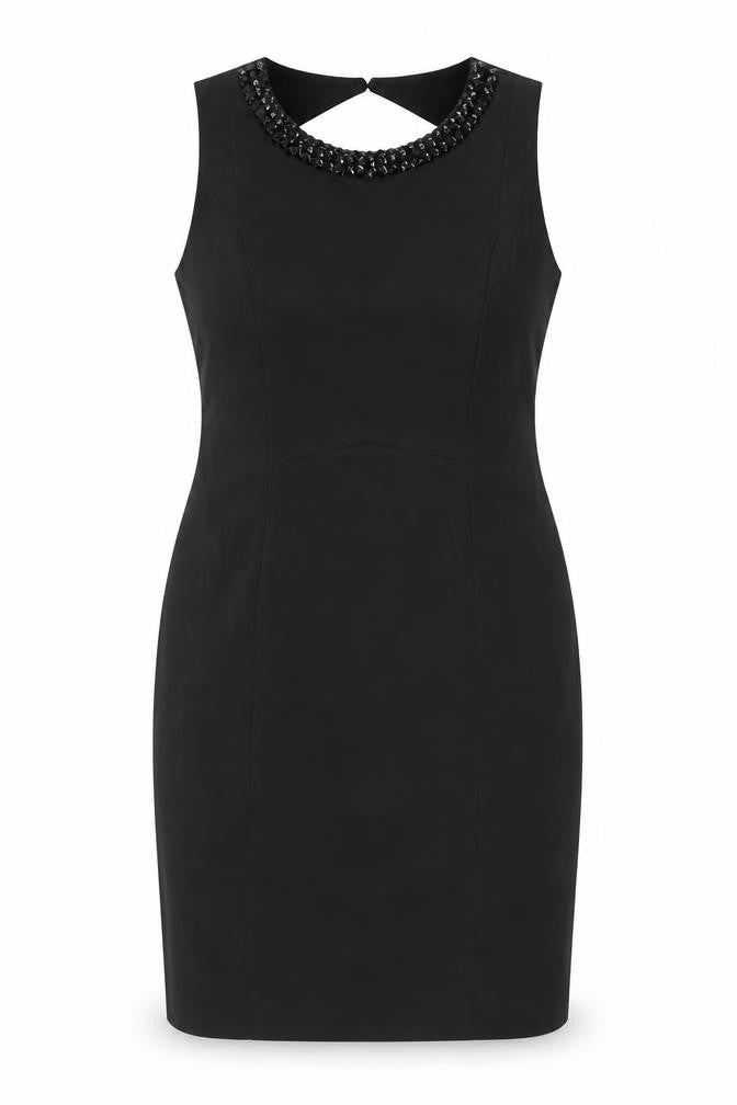 Front view of H&M women’s black cotton bodycon, size UK 14, round neck zip - studded
