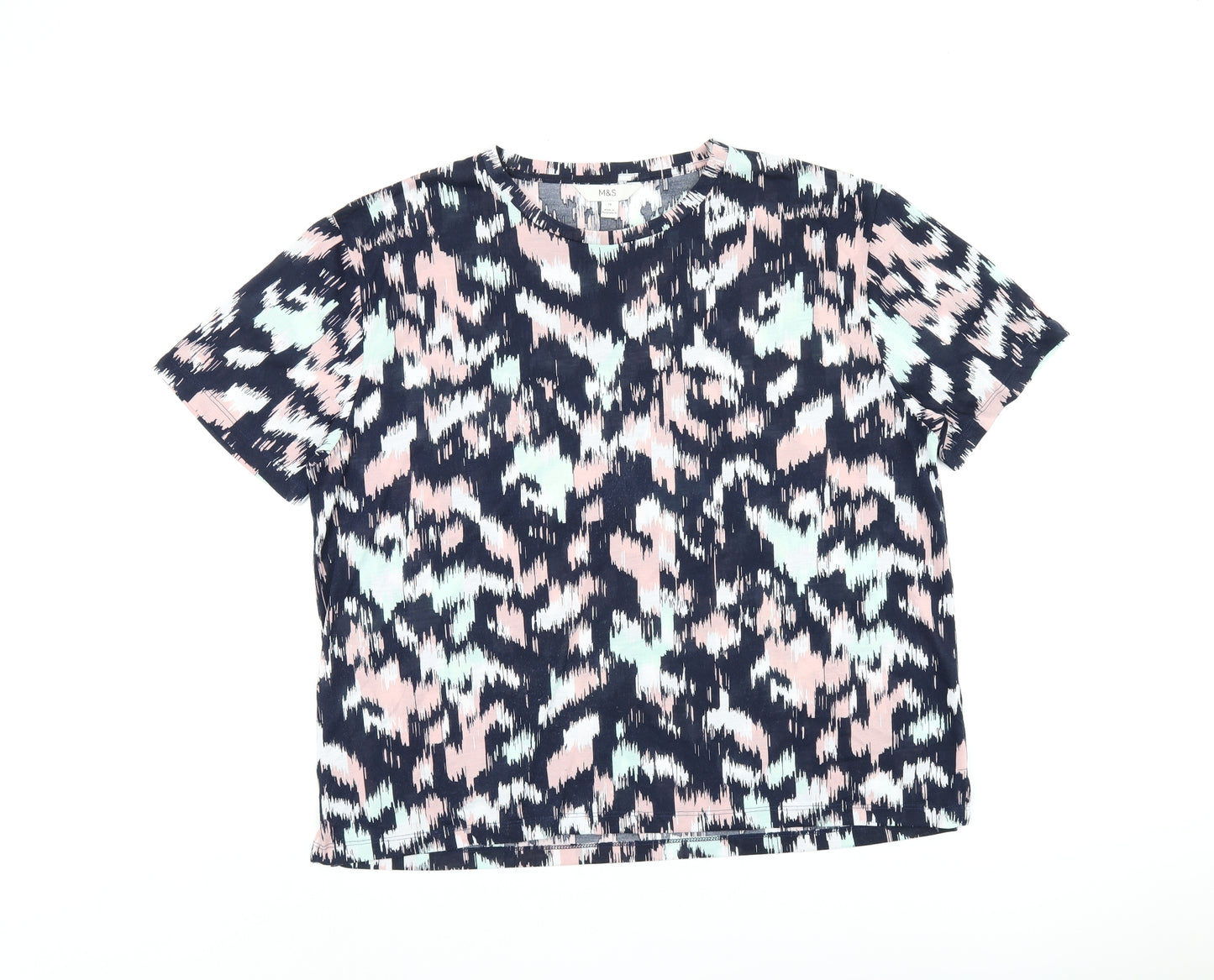 Marks and Spencer Womens Blue Geometric Polyester Basic T-Shirt Size 16 Round Neck
