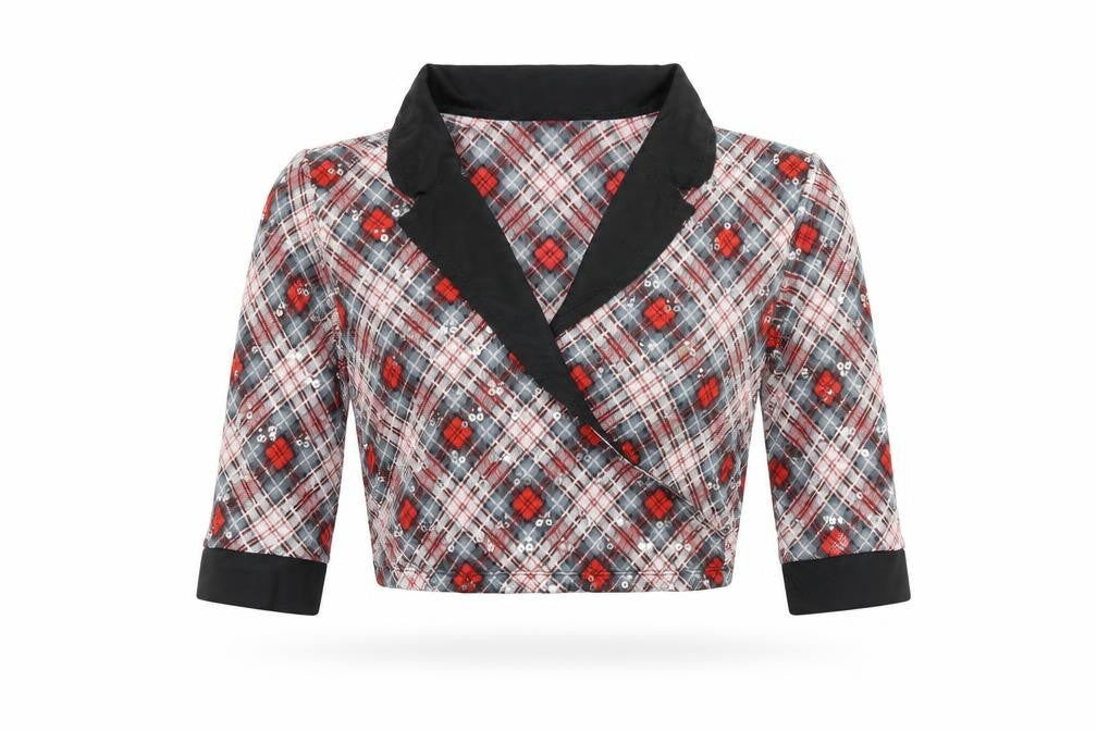 Front view of Revolution women’s red plaid nylon cropped blouse, size M, v-neck - sequin
