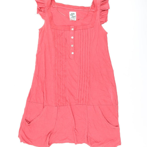 Zara Womens Red Cotton Shift Size M Square Neck Button - Pockets