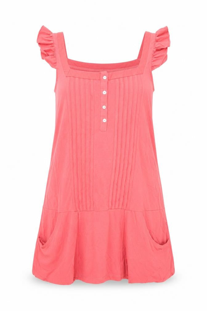 Front view of Zara women’s red cotton shift, size M, square neck button - pockets