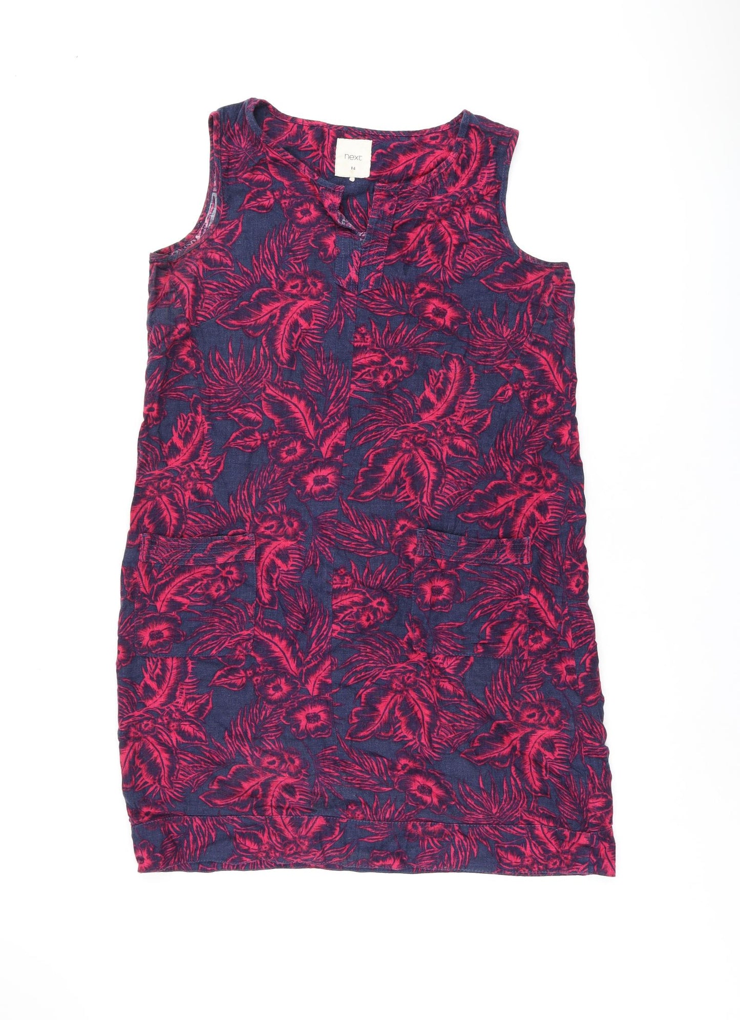 NEXT Womens Blue Floral Linen Tank Dress Size 14 Boat Neck Pullover