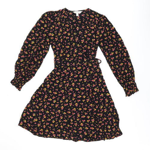 Ghost Womens Black Floral Viscose Wrap Dress Size 8 V-Neck Tie