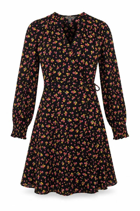 Ghost Womens Black Floral Viscose Wrap Dress Size 8 V-Neck Tie