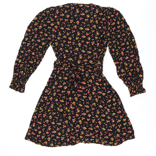 Ghost Womens Black Floral Viscose Wrap Dress Size 8 V-Neck Tie