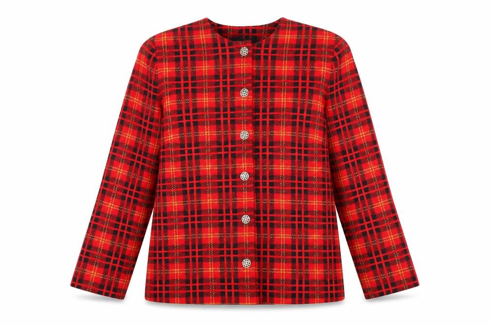 Front view of Gordon Wyatt women’s red plaid polyester basic blouse, size UK 16, round neck