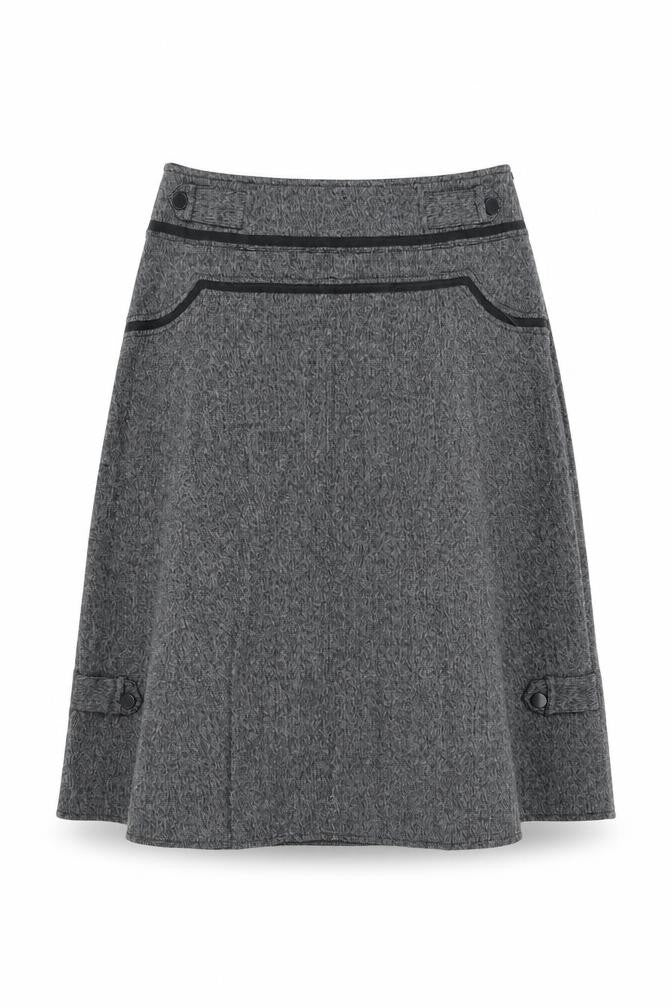 Front view of Simon Jeffrey women’s grey polyester swing skirt, size UK 14, zip
