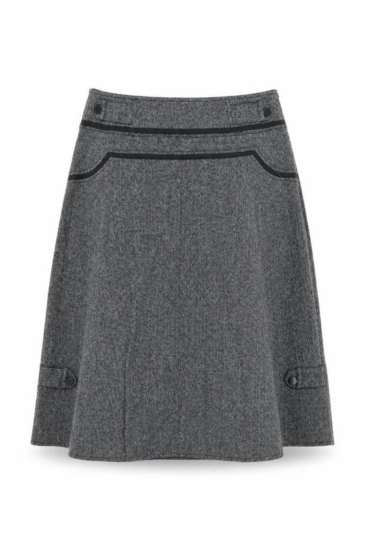 Front view of Simon Jeffrey women’s grey polyester swing skirt, size UK 14, zip