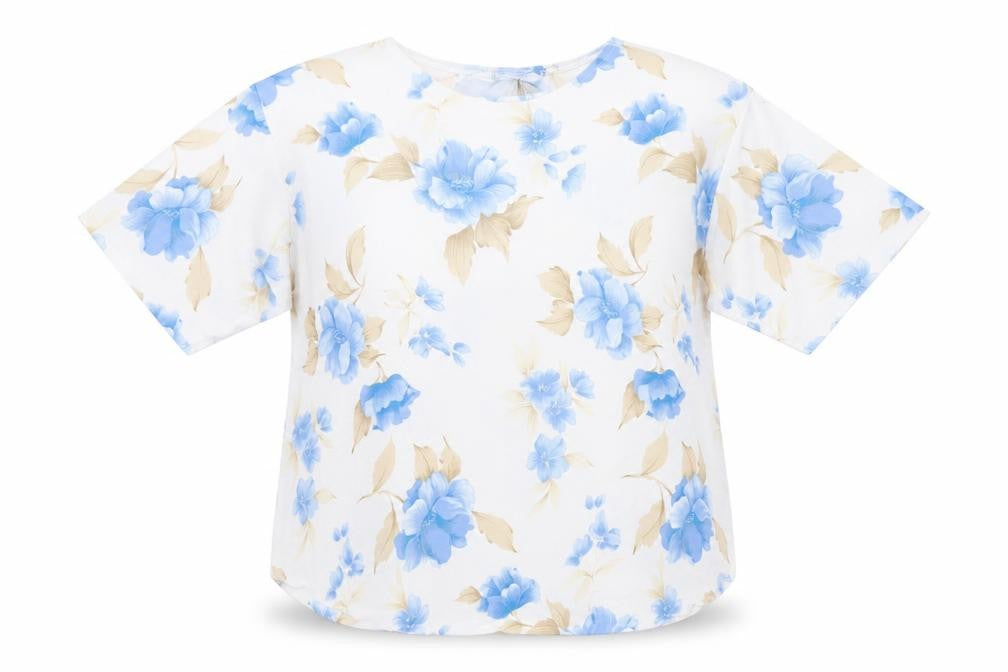 Front view of Soul Collection women’s white floral polyester basic blouse, size L, round neck