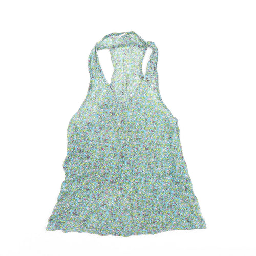 Aller Simple Womens Blue Floral Cotton Basic Tank Size S V-Neck