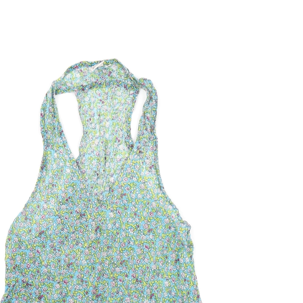 Aller Simple Womens Blue Floral Cotton Basic Tank Size S V-Neck