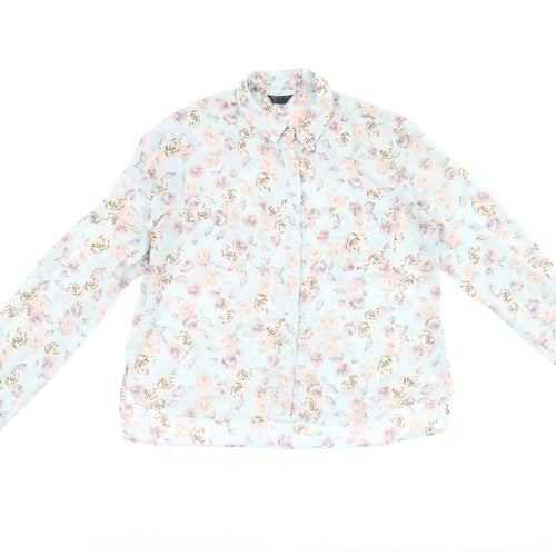 Topshop Womens Blue Floral Polyester Basic Button-Up Size 10 Collared