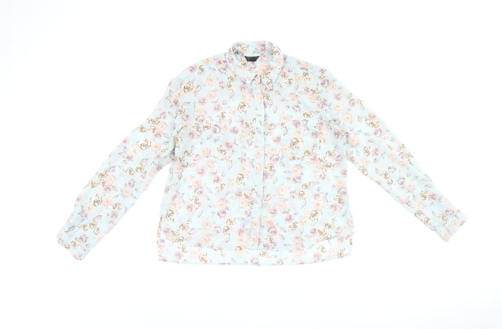 Topshop Womens Blue Floral Polyester Basic Button-Up Size 10 Collared
