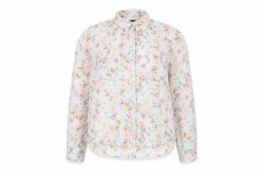 Front view of Topshop women’s blue floral polyester basic button-up, size UK 10, collared