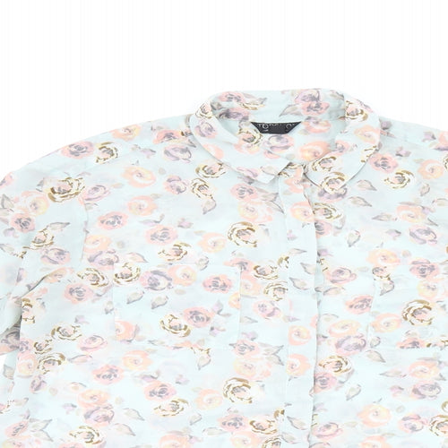 Topshop Womens Blue Floral Polyester Basic Button-Up Size 10 Collared