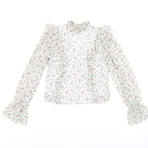 Miss Selfridge Womens Ivory Floral Polyester Basic Blouse Size 10 High Neck - Frill Detail