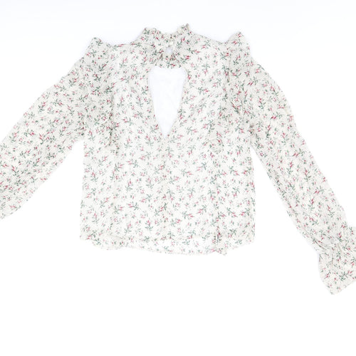 Miss Selfridge Womens Ivory Floral Polyester Basic Blouse Size 10 High Neck - Frill Detail