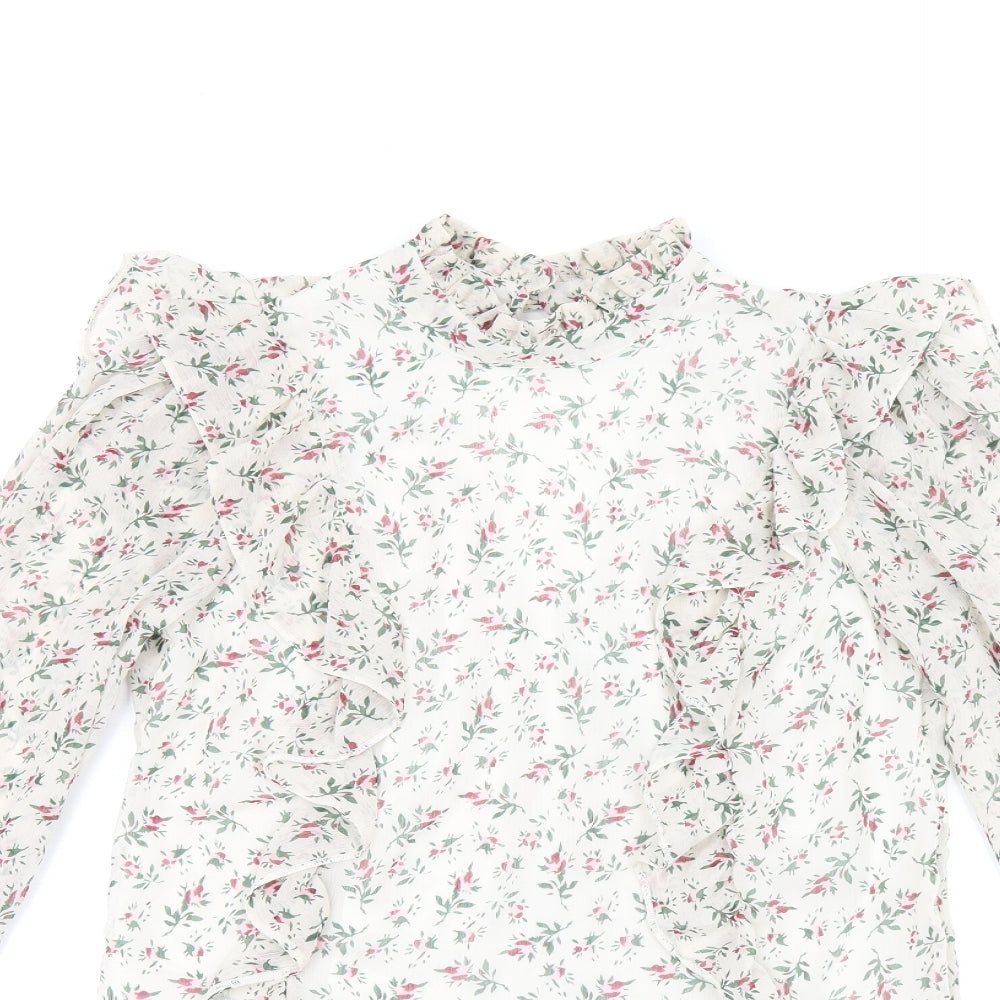 Miss Selfridge Womens Ivory Floral Polyester Basic Blouse Size 10 High Neck - Frill Detail