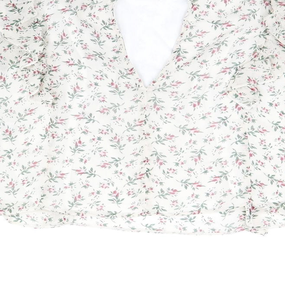 Miss Selfridge Womens Ivory Floral Polyester Basic Blouse Size 10 High Neck - Frill Detail