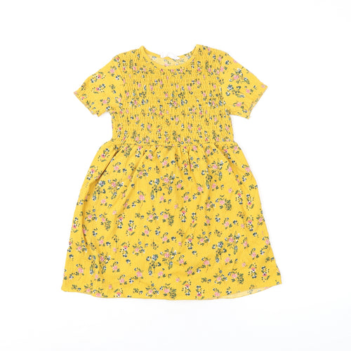 Zara Girls Yellow Floral Polyester Skater Dress Size 6 Years Round Neck Pullover - Shirred