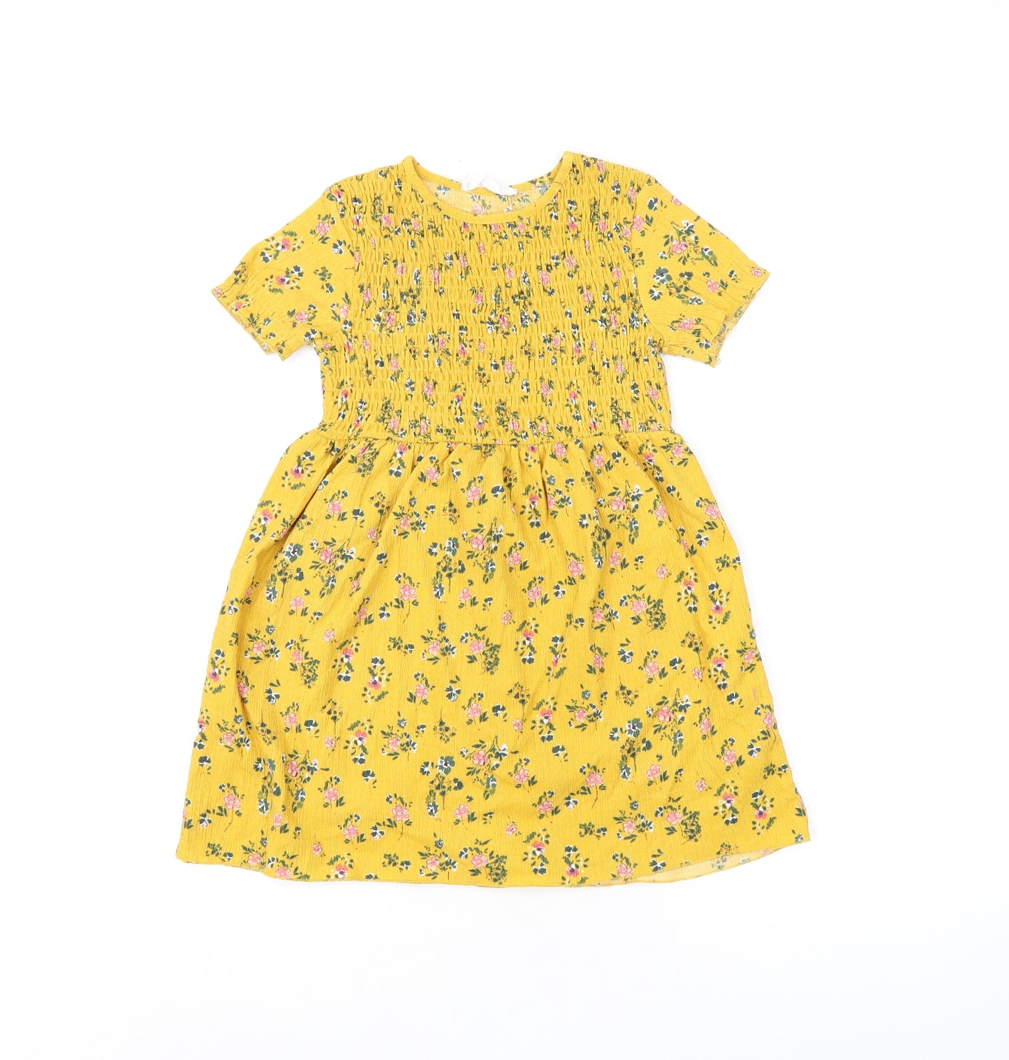 Zara Girls Yellow Floral Polyester Skater Dress Size 6 Years Round Neck Pullover - Shirred