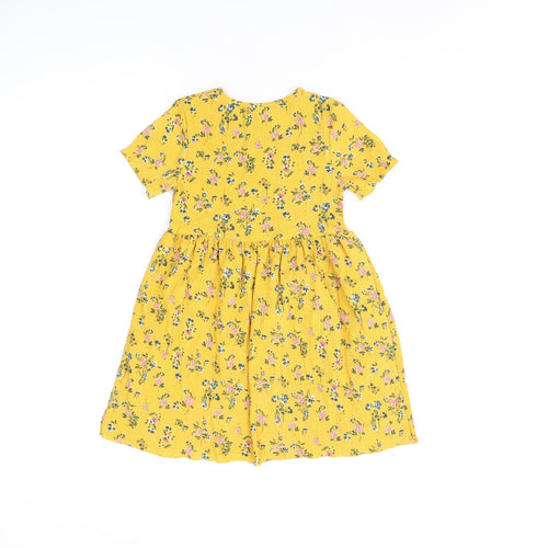 Zara Girls Yellow Floral Polyester Skater Dress Size 6 Years Round Neck Pullover - Shirred