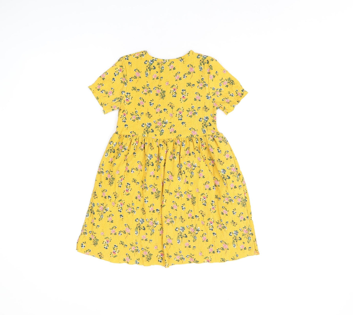 Zara Girls Yellow Floral Polyester Skater Dress Size 6 Years Round Neck Pullover - Shirred